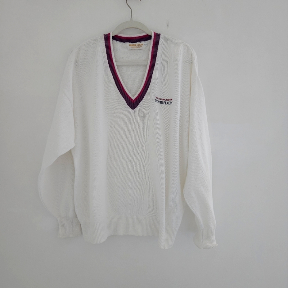 Wimbledon England Lawn Tennis & Croquet Club 80's Vintage V-Neck Cotton Sweater